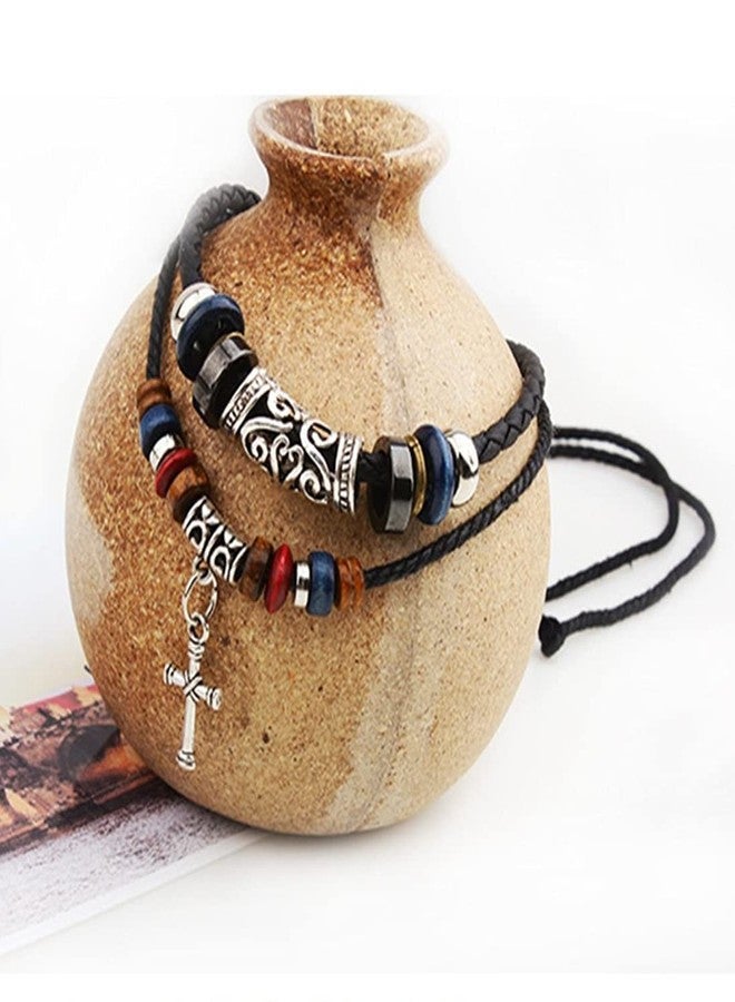 CCBFY Braided Leather Necklace Vintage Style Double Layers Black Tribal Necklace with Charm Cross Pendant Black Cross - Image 4