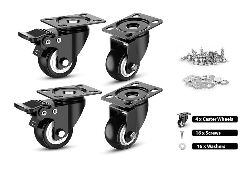 Hepiack 2 Heavy Duty Caster Wheels Soft Rubber PU Swivel Caster with 360 Degree for Moving heavy FurnitureCounterstrolleywheelchairbed 2 with Breakes 2 Without 2 InchPack Of 4Black - Image 2