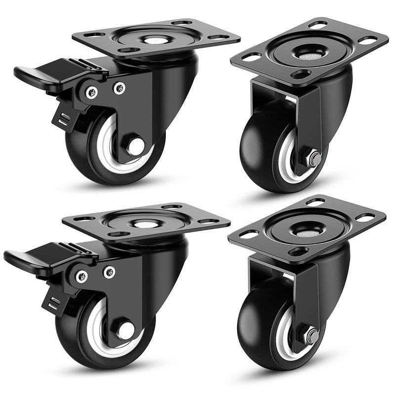 Hepiack 2 Heavy Duty Caster Wheels Soft Rubber PU Swivel Caster with 360 Degree for Moving heavy FurnitureCounterstrolleywheelchairbed 2 with Breakes 2 Without 2 InchPack Of 4Black - Image 1
