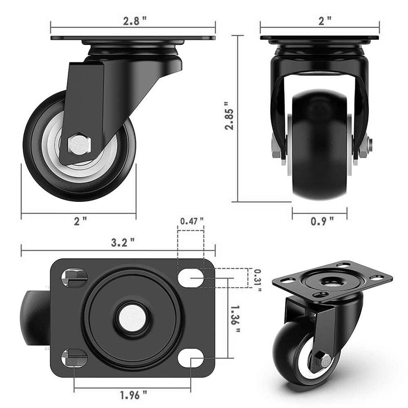 Hepiack 2 Heavy Duty Caster Wheels Soft Rubber PU Swivel Caster with 360 Degree for Moving heavy FurnitureCounterstrolleywheelchairbed 2 with Breakes 2 Without 2 InchPack Of 4Black - Image 4