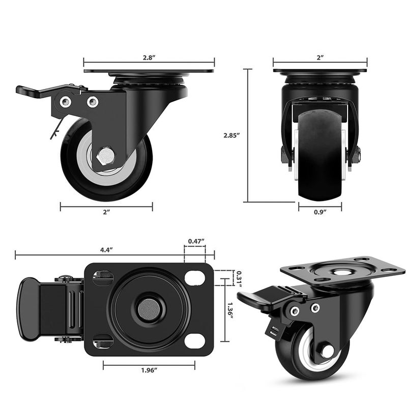 Hepiack 2 Heavy Duty Caster Wheels Soft Rubber PU Swivel Caster with 360 Degree for Moving heavy FurnitureCounterstrolleywheelchairbed 2 with Breakes 2 Without 2 InchPack Of 4Black - Image 3