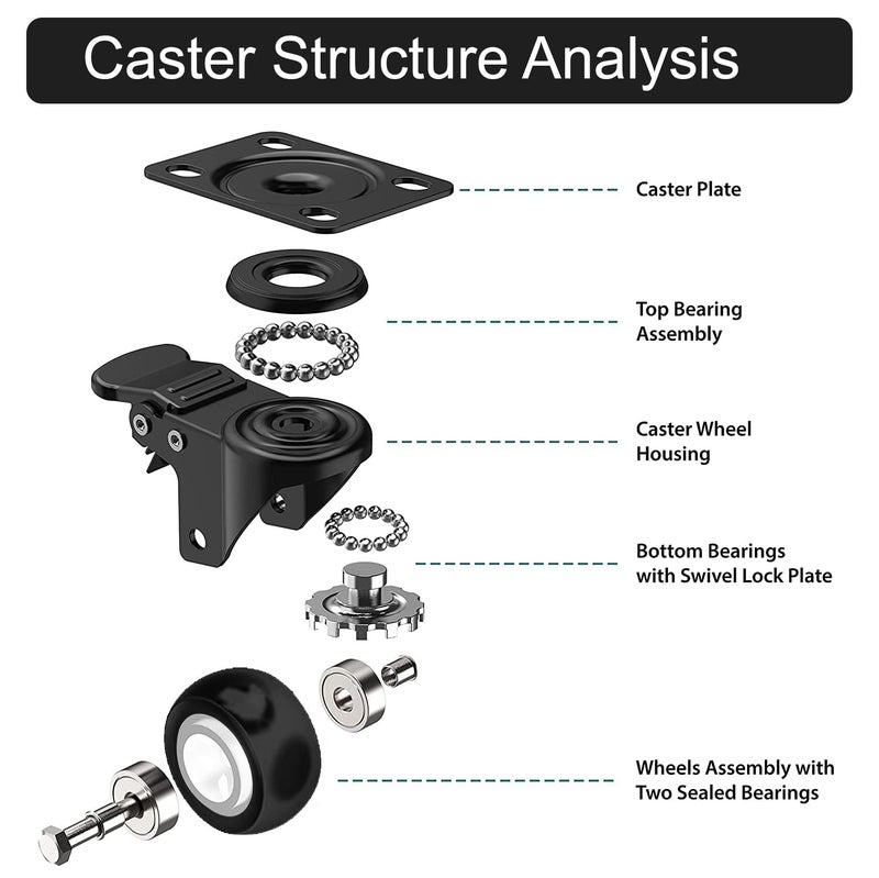 Hepiack 2 Heavy Duty Caster Wheels Soft Rubber PU Swivel Caster with 360 Degree for Moving heavy FurnitureCounterstrolleywheelchairbed 2 with Breakes 2 Without 2 InchPack Of 4Black - Image 5