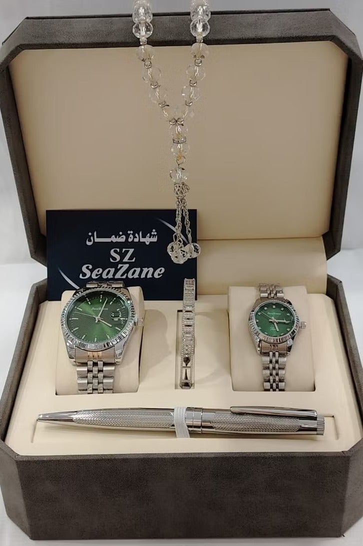 Men's watch set with pen and rosary + women's watch and zircon bracelet with zircon ring
