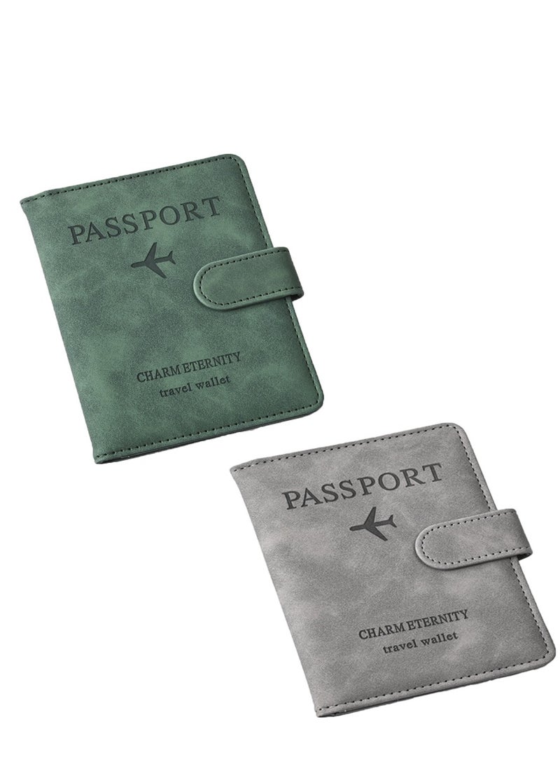 2 Pieces Green and Gray Passport Holder Protective Case, PU Leather Magnetic Buckle Passport Bag PFID Anti-Magnetic Multi-Card Passport Book Multi-Function Passport Bag, Suitable for Men and Women Travel Accessories (Green, Gray) - Image 1