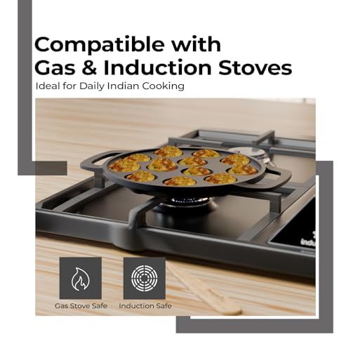 Lifelong Cast Iron Paniyaram Pan 12 Pits | 25 ml Pit Capacity per Cavity | 2 kg | Pre-Seasoned Appam Pan, Unniyappam Chatty, Paddu Maker | Large Non-Toxic Cookware, Non-Stick & Teflon Free (LLCIP011) - Image 2