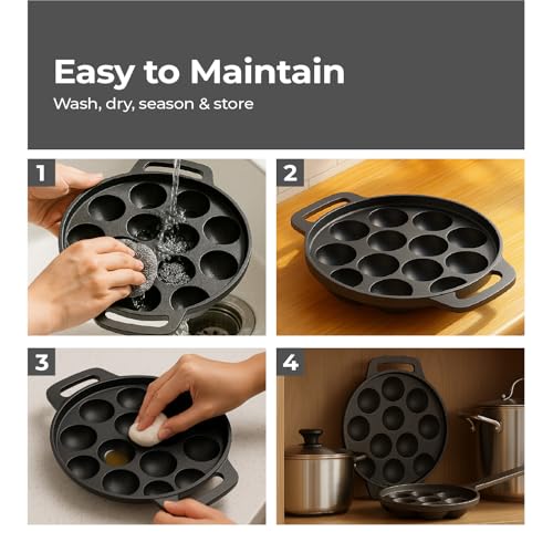 Lifelong Cast Iron Paniyaram Pan 12 Pits | 25 ml Pit Capacity per Cavity | 2 kg | Pre-Seasoned Appam Pan, Unniyappam Chatty, Paddu Maker | Large Non-Toxic Cookware, Non-Stick & Teflon Free (LLCIP011) - Image 4