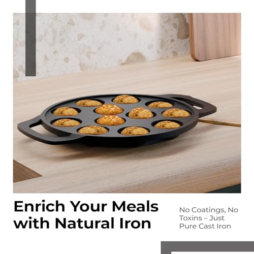 Lifelong Cast Iron Paniyaram Pan 12 Pits | 25 ml Pit Capacity per Cavity | 2 kg | Pre-Seasoned Appam Pan, Unniyappam Chatty, Paddu Maker | Large Non-Toxic Cookware, Non-Stick & Teflon Free (LLCIP011) - Image 3