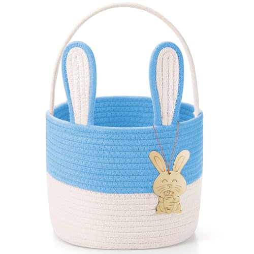 Poschnor Easter Basket for Kids, Easter Bunny Basket, Woven Cotton Rope Egg Easter Gift Baskets for Girls, Boys, Toddler, Babies, Blue - Image 1