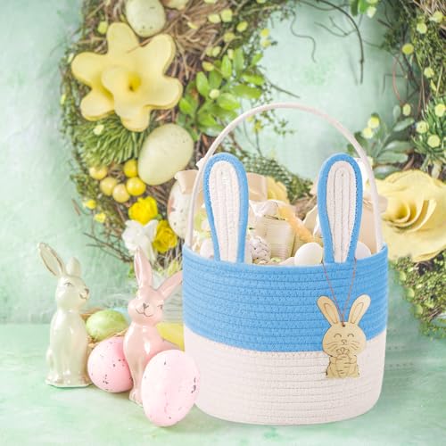 Poschnor Easter Basket for Kids, Easter Bunny Basket, Woven Cotton Rope Egg Easter Gift Baskets for Girls, Boys, Toddler, Babies, Blue - Image 2