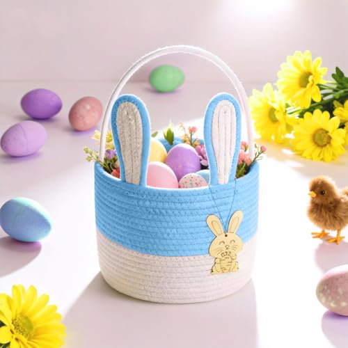 Poschnor Easter Basket for Kids, Easter Bunny Basket, Woven Cotton Rope Egg Easter Gift Baskets for Girls, Boys, Toddler, Babies, Blue - Image 5