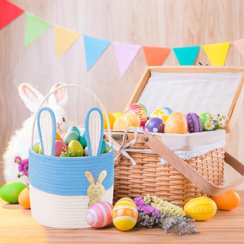 Poschnor Easter Basket for Kids, Easter Bunny Basket, Woven Cotton Rope Egg Easter Gift Baskets for Girls, Boys, Toddler, Babies, Blue - Image 4