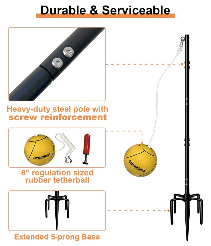 Garbuildman Tetherball Set with Rope for Outdoor Backyard, Adjustable Tether Ball Pole with Screw Reinforcement 5-Prong Base for Playground, Outside Ball Games Sports for Kids & Adults, 8.75 FT - Image 2