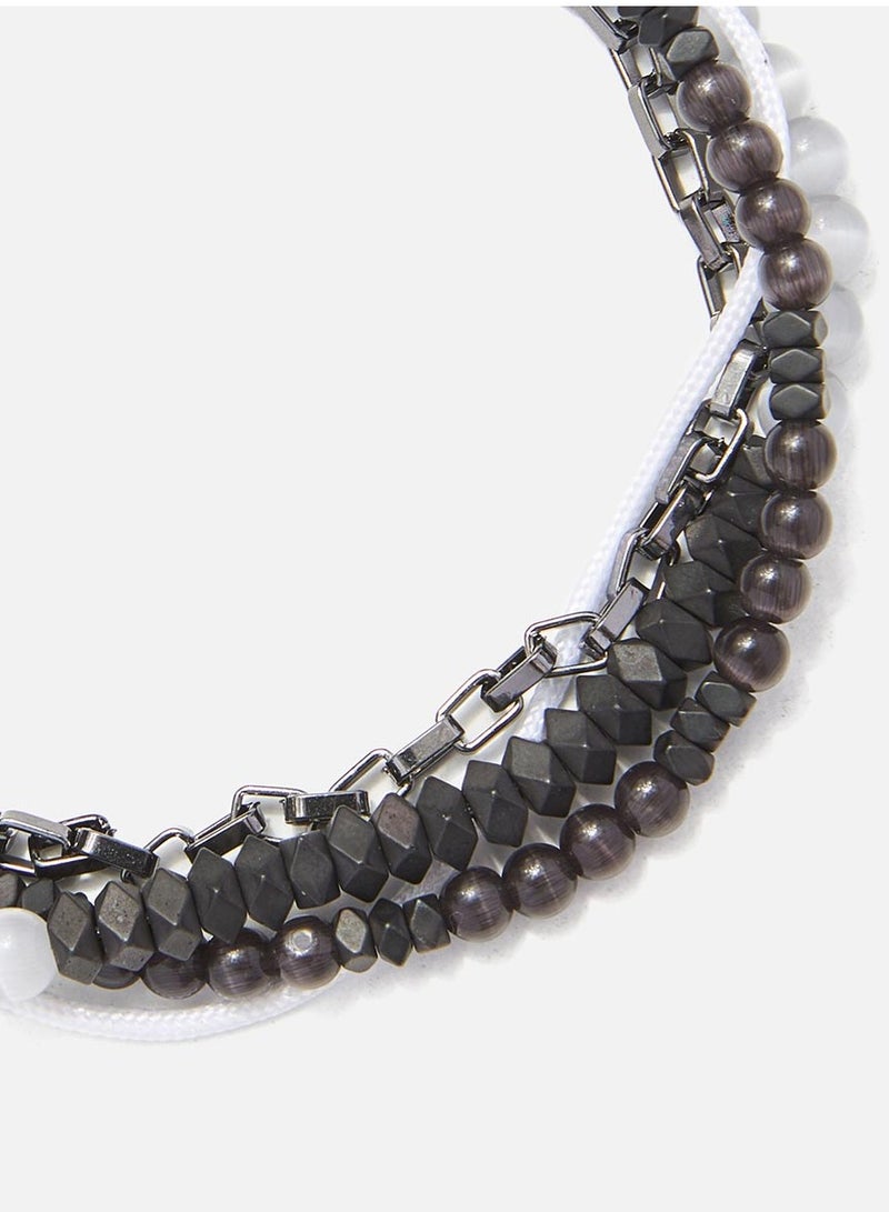 CHRYSOSTOMOS Handmade Multiline Adjustable Bracelet for Men with White Multi-Line Chain and Grey Catâ€™s Eye - Image 2
