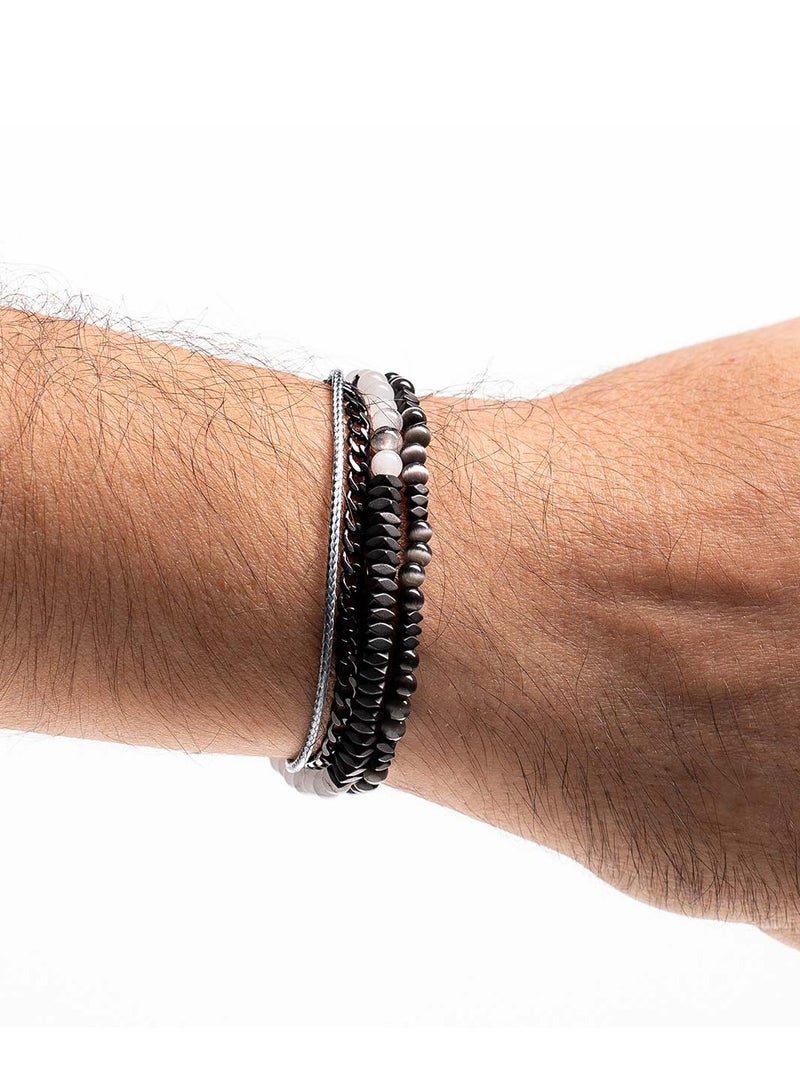 CHRYSOSTOMOS Handmade Multiline Adjustable Bracelet for Men with White Multi-Line Chain and Grey Catâ€™s Eye - Image 3