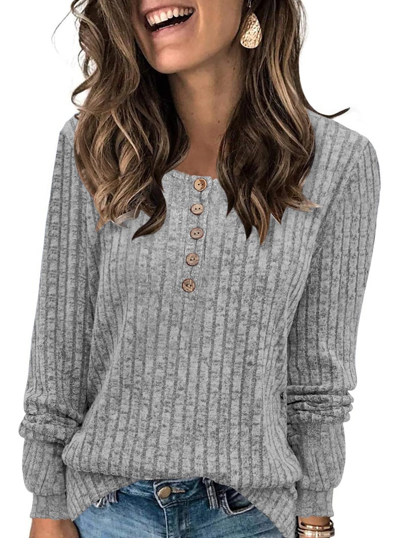 DB MOON Womens Lightweight Sweaters 2026 Long Sleeve Henley Shirt Fall Casual Crewneck Tunic Tops L Grey - Image 1