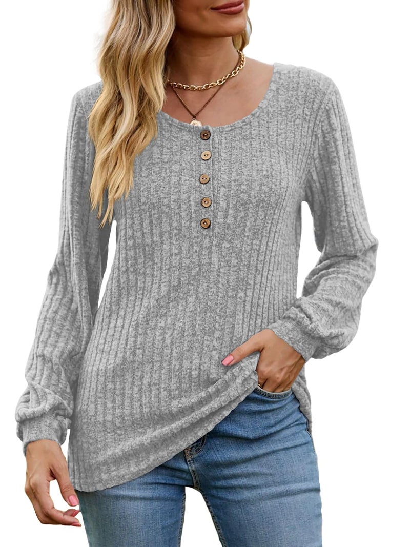 DB MOON Womens Lightweight Sweaters 2026 Long Sleeve Henley Shirt Fall Casual Crewneck Tunic Tops L Grey - Image 2