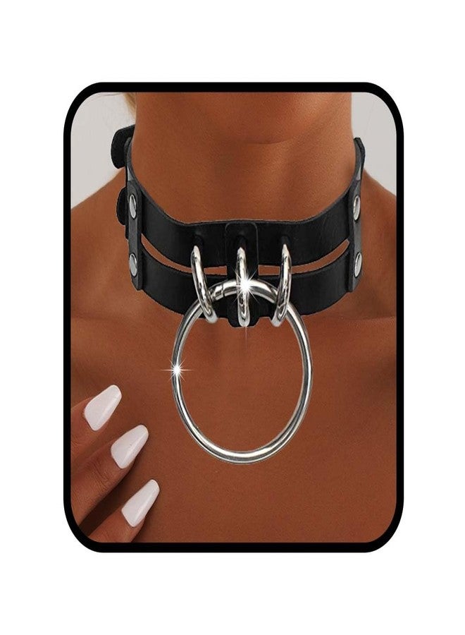 Obmyec Punk Leather Choker Collar Gothic 2-tier Circle Ring Necklace Soft PU Leather Rave Party Chokers for Women (black) - Image 1
