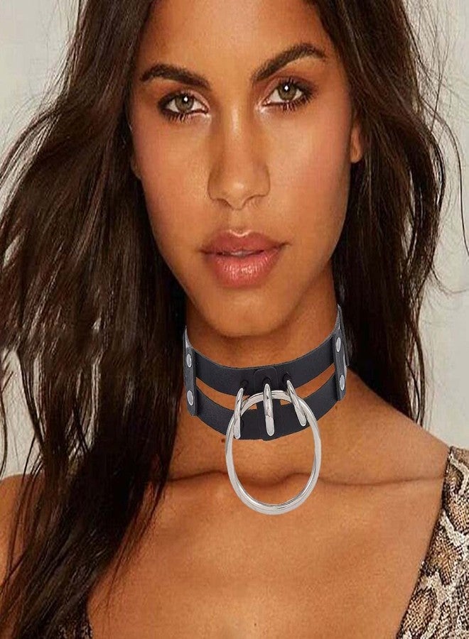 Obmyec Punk Leather Choker Collar Gothic 2-tier Circle Ring Necklace Soft PU Leather Rave Party Chokers for Women (black) - Image 4