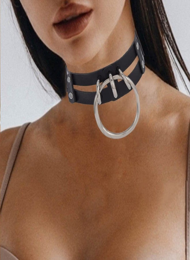 Obmyec Punk Leather Choker Collar Gothic 2-tier Circle Ring Necklace Soft PU Leather Rave Party Chokers for Women (black) - Image 2