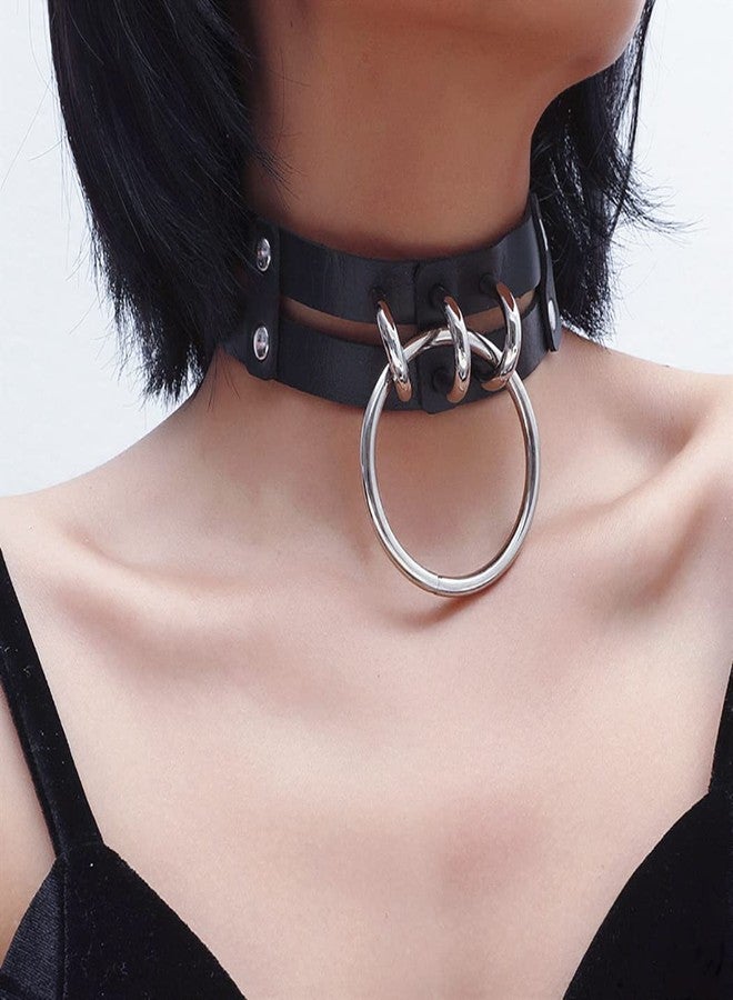 Obmyec Punk Leather Choker Collar Gothic 2-tier Circle Ring Necklace Soft PU Leather Rave Party Chokers for Women (black) - Image 5