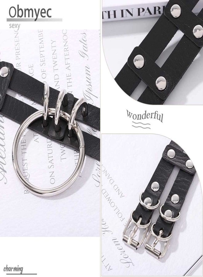 Obmyec Punk Leather Choker Collar Gothic 2-tier Circle Ring Necklace Soft PU Leather Rave Party Chokers for Women (black) - Image 3