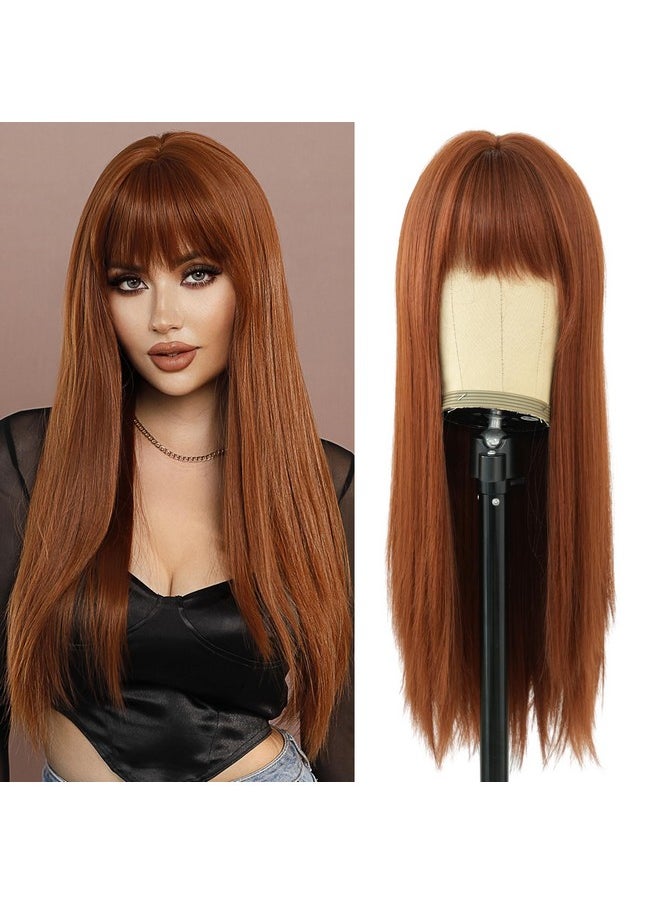 7JHH WIGS - Long Straight Auburn Wig With Bangs 26In Natural Heat Resistant Fiber Synthetic Layered Straight Dark Ginger Orange Wigs For Women Girls Holiday Festival Chrismas Daily Party Used - Image 1