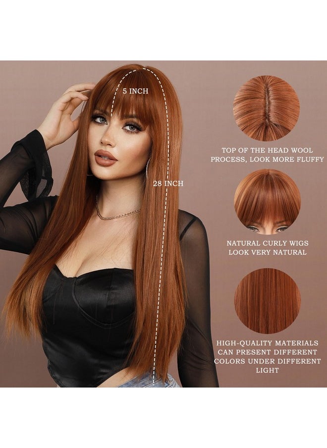 7JHH WIGS - Long Straight Auburn Wig With Bangs 26In Natural Heat Resistant Fiber Synthetic Layered Straight Dark Ginger Orange Wigs For Women Girls Holiday Festival Chrismas Daily Party Used - Image 1