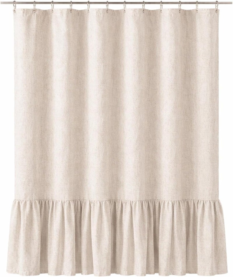 Farmhouse Beige Shower Curtain, Solid Color Rustic Fabric with Ruffle Hem, 60 X 72 in Washable Polyester Linen Bathroom Curtain - Image 1