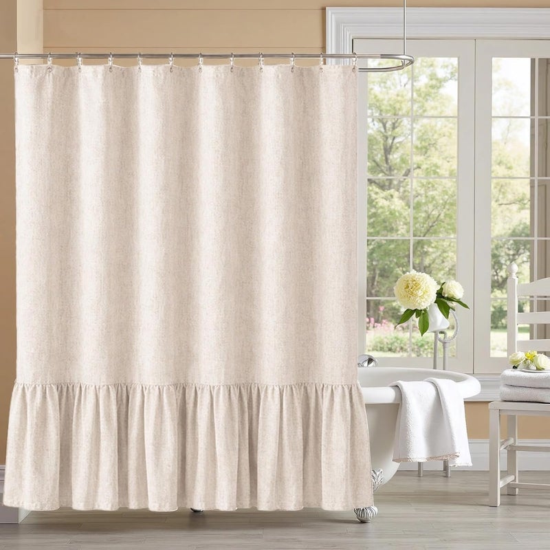 Farmhouse Beige Shower Curtain, Solid Color Rustic Fabric with Ruffle Hem, 60 X 72 in Washable Polyester Linen Bathroom Curtain - Image 3