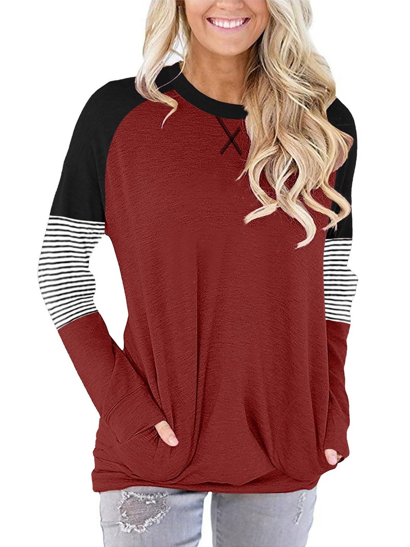 onlypuff Womens Top Casual Pocket Shirts Long Sleeve Tunic Tops Fall Clothes Sweatshirts Dark Red L - Image 2