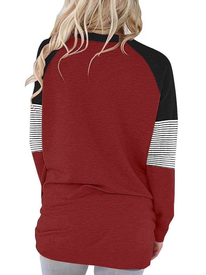 onlypuff Womens Top Casual Pocket Shirts Long Sleeve Tunic Tops Fall Clothes Sweatshirts Dark Red L - Image 3