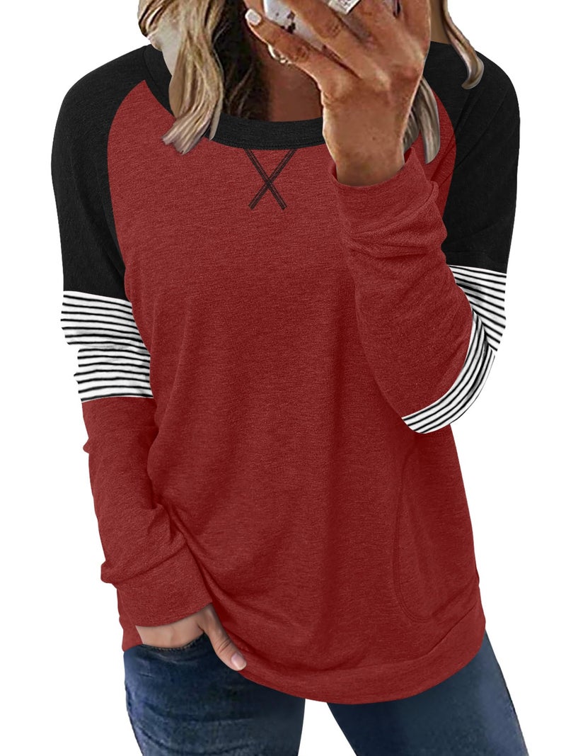 onlypuff Womens Top Casual Pocket Shirts Long Sleeve Tunic Tops Fall Clothes Sweatshirts Dark Red L - Image 1