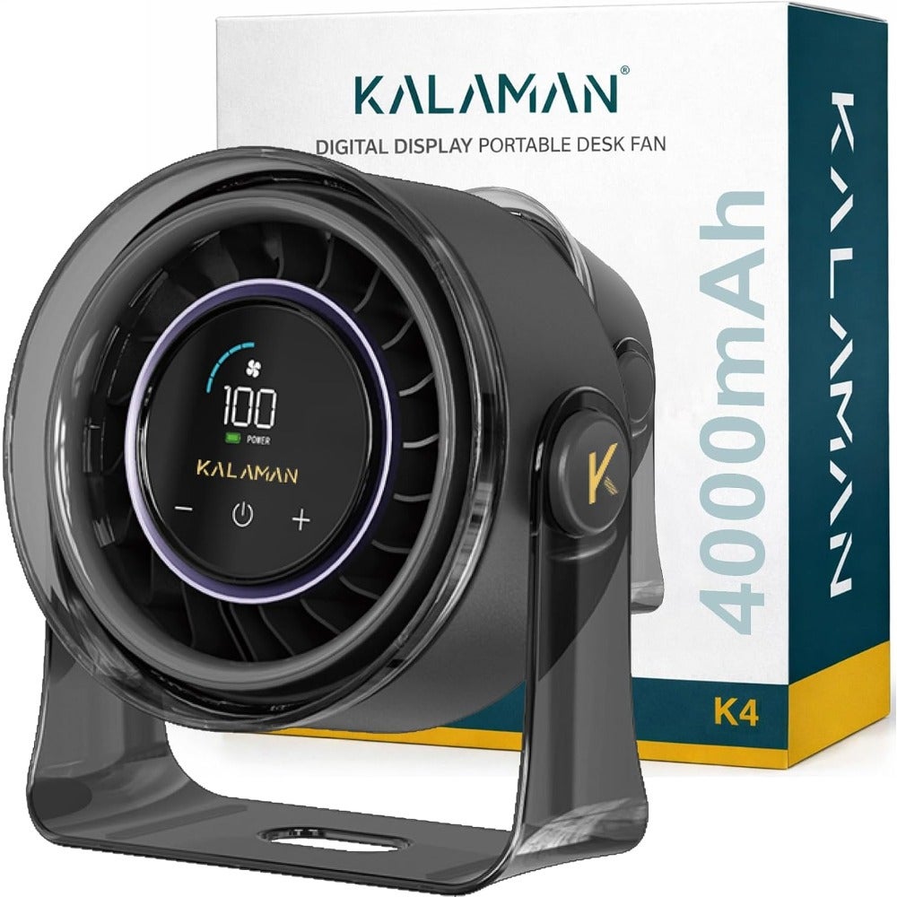 Desktop Fan: 4000mAh quiet portable battery fan with turbo airflow, 6-speed digital display, 30 adjustable tilt, ABS plastic body, matte black finish, ultra-quiet operation