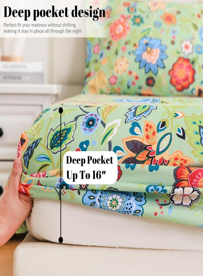Bedlifes Queen Sheet Set Ultra Soft, Breathable, Silky Flower Deep Pocket 100% Microfiber Bedding, 4 Piece Queen Size with Floral Sage Green - Image 4