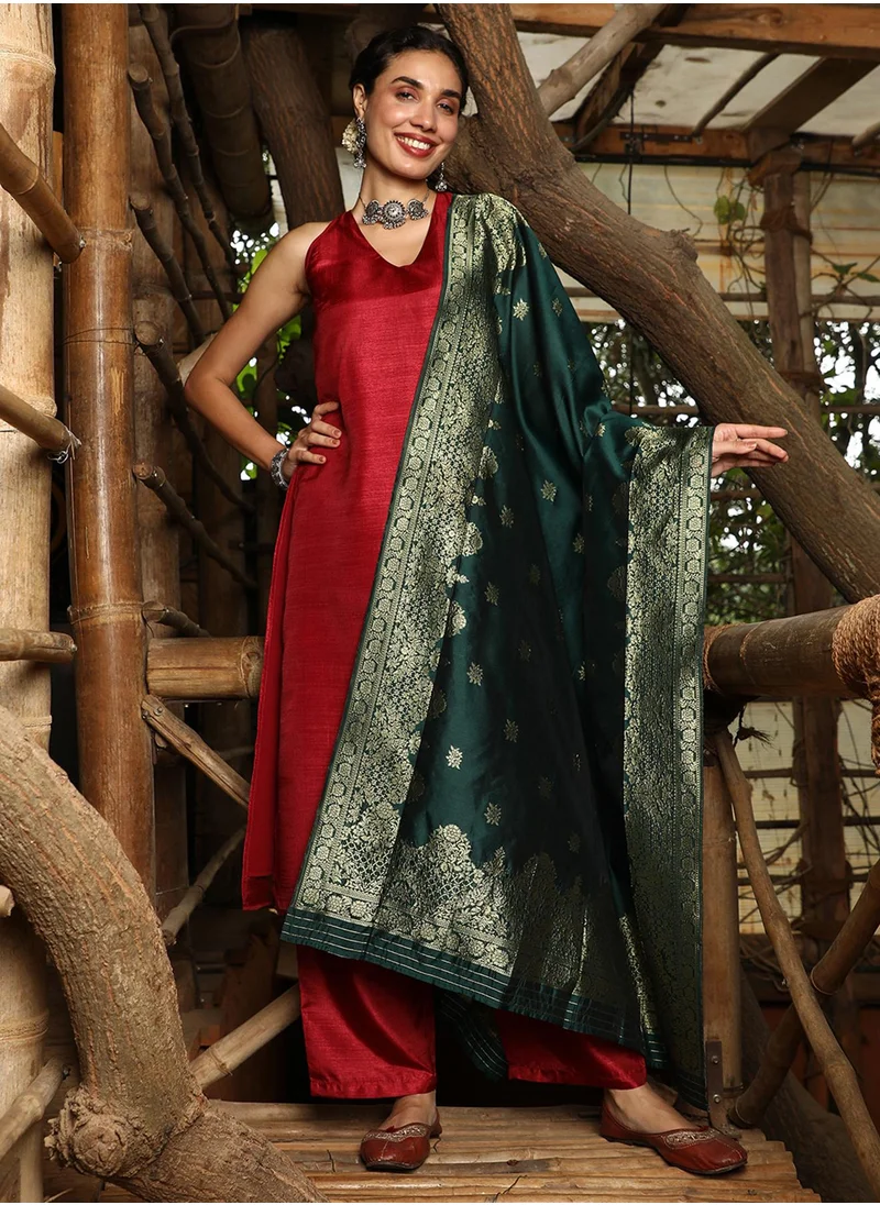 QISSA Women's Vermillion Red Contrast Lustre Kurta Set
