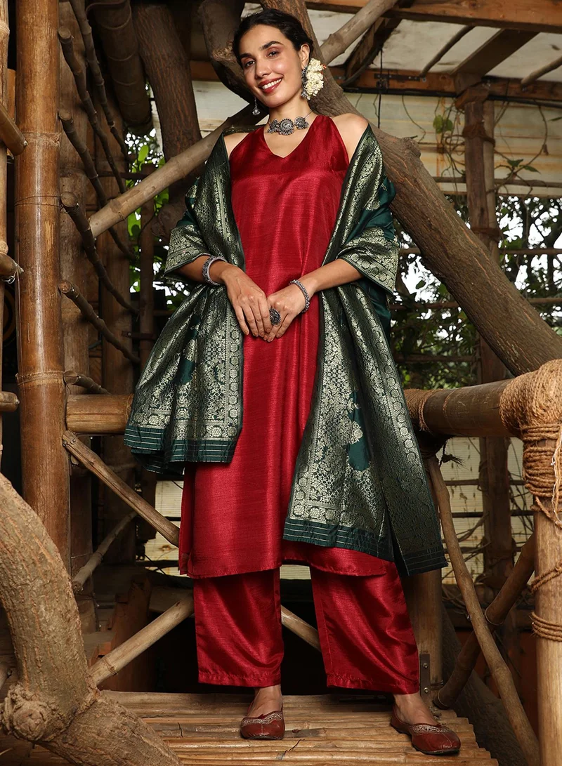  قصة Women's Vermillion Red Contrast Lustre Kurta Set