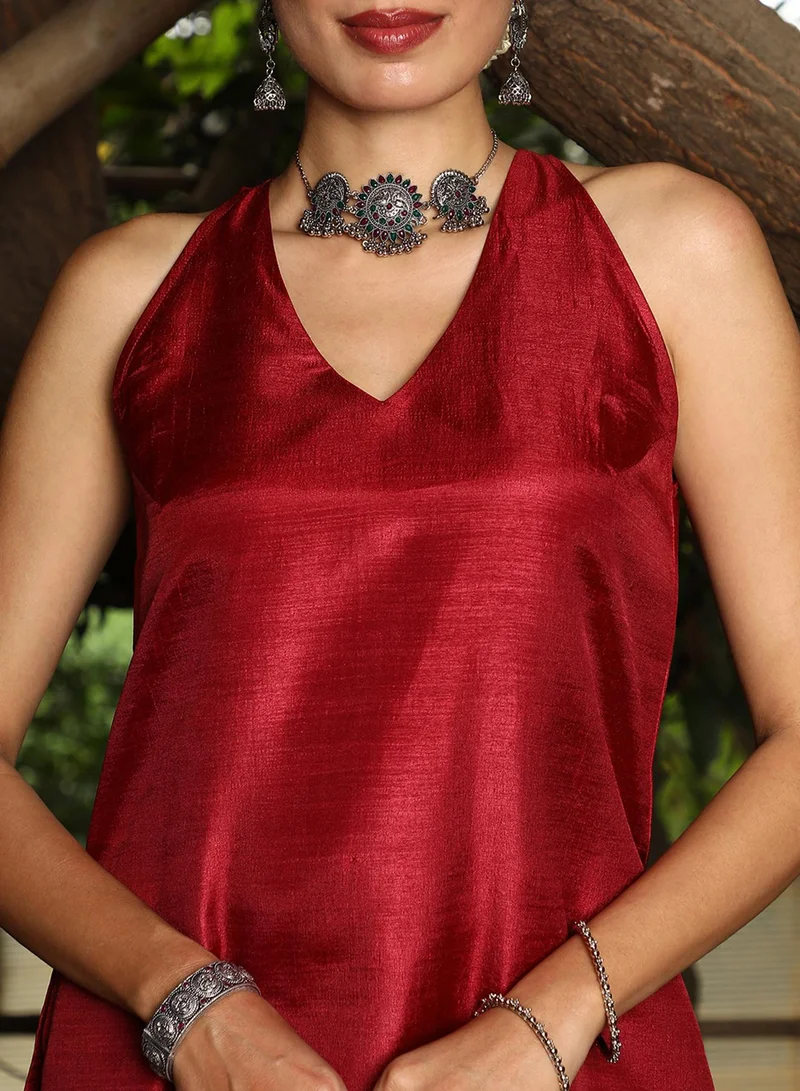  قصة Women's Vermillion Red Contrast Lustre Kurta Set