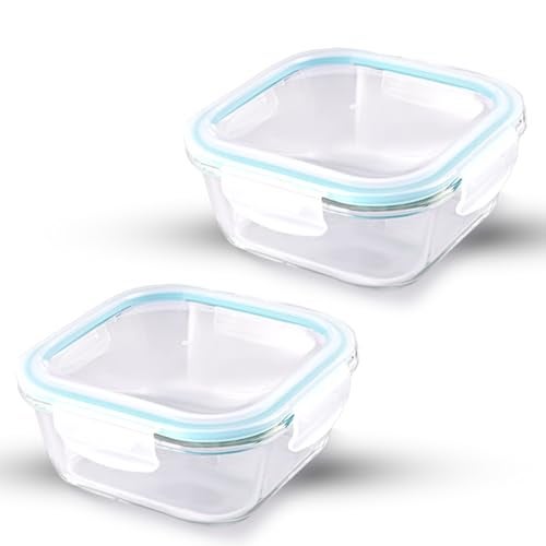 ATTRO Glassox Classic Square Lunch Box With Locking Lid Borosilicate Glass Lunch Box Fridge Organizer Food Storage Container Microwave & Freezer Safe Set Of 2 (310 ML),Transparent - Image 1
