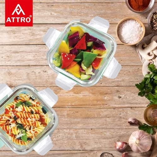 ATTRO Glassox Classic Square Lunch Box With Locking Lid Borosilicate Glass Lunch Box Fridge Organizer Food Storage Container Microwave & Freezer Safe Set Of 2 (310 ML),Transparent - Image 2