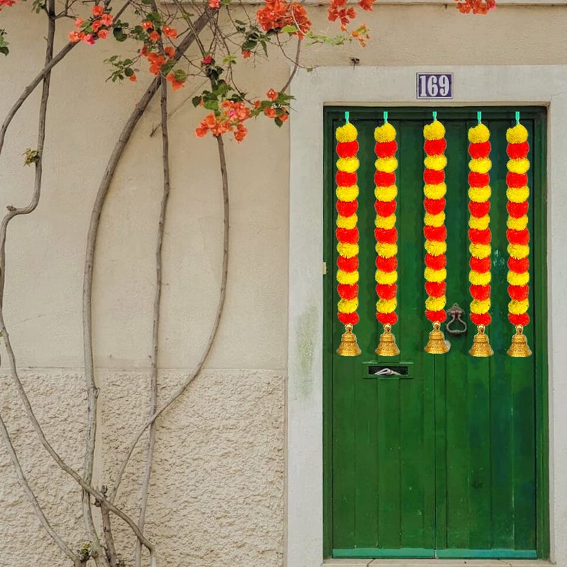 iHandikart iHandikart Artificial Fluffy Marigold Garland with Golden Bell in The Bottom Used for Diwali Decorations Colour Yellow Dark Orange Pack of 20 HV31538  - Image 2