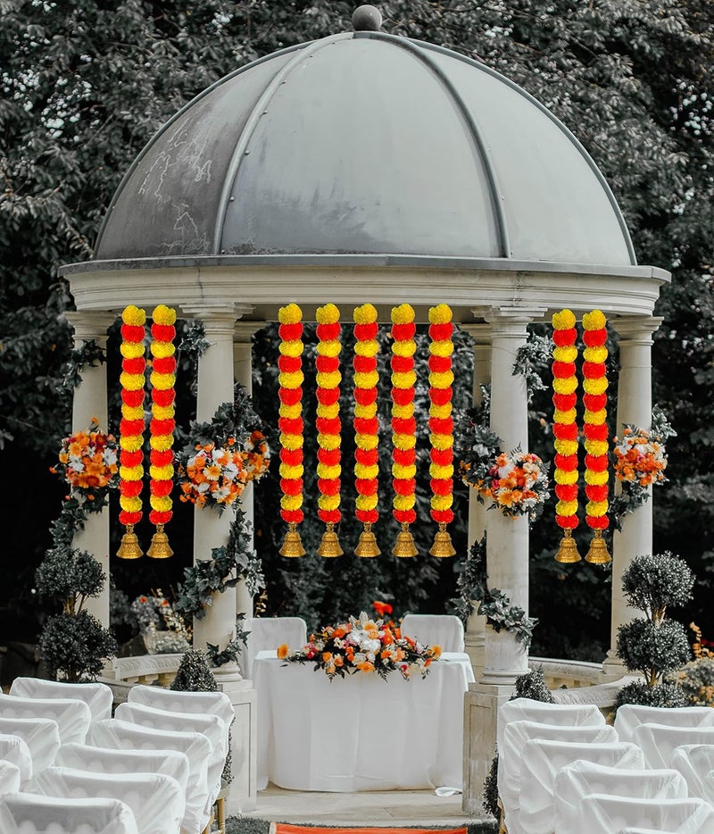 iHandikart iHandikart Artificial Fluffy Marigold Garland with Golden Bell in The Bottom Used for Diwali Decorations Colour Yellow Dark Orange Pack of 20 HV31538  - Image 4
