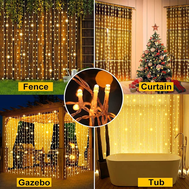 Whywhife Upgraded Solar Curtain Lights Outdoor Garden Fairy String Lights 300 LED 8 Modes Remote Control Waterproof Waterfall Lights for Gazebo Patio Party Festival Wedding Christmas Decorations(Warm) - Image 2
