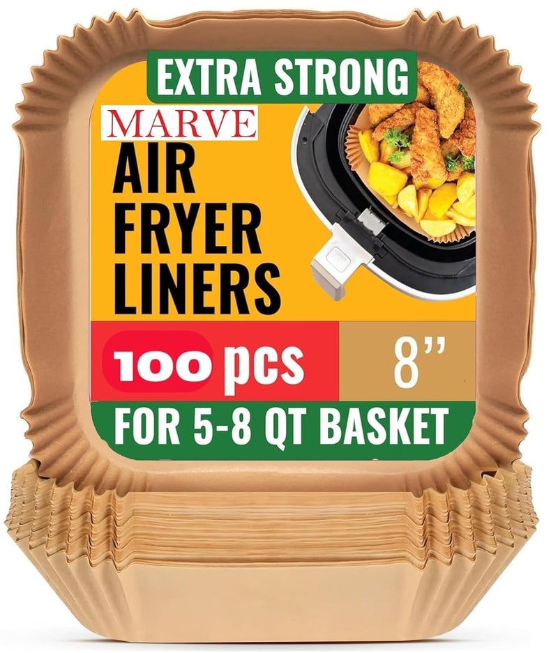 Marve Air Fryer Liners 100 Count Food-Grade BPA Free 7.9 in Square Air Fryer Paper for 5 to 8 litres Oil-Free Fryers - Ideal for Healthy Cooking I Heat Resistance (100) - Image 1