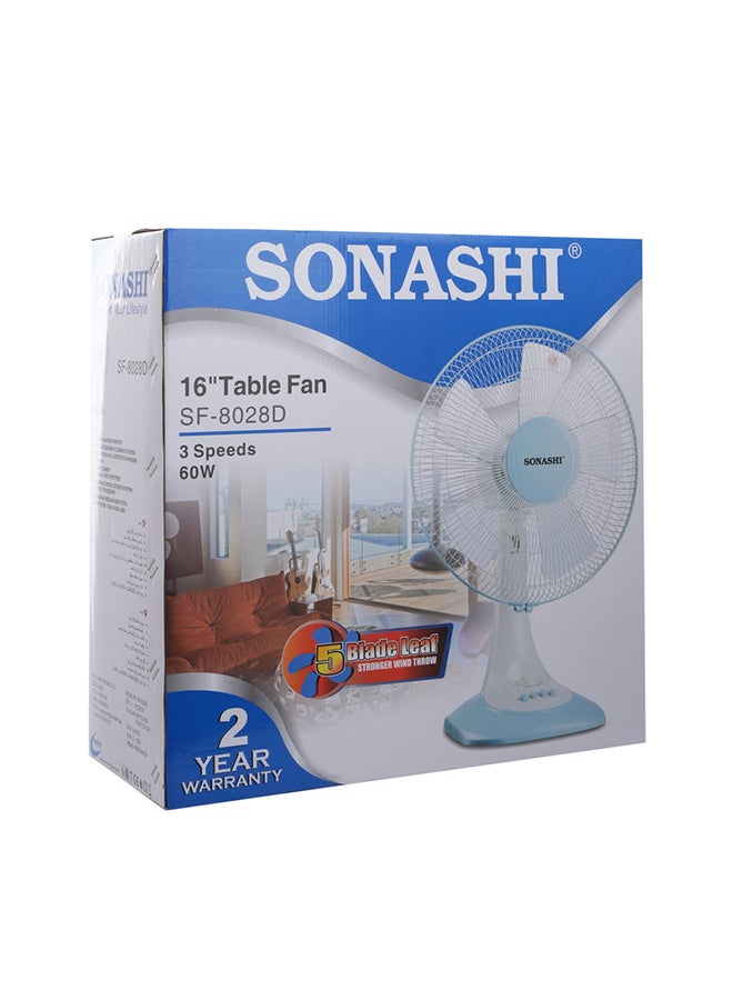 SONASHI 16 Inch Desk Fan With 3 Speeds - Oscillation Functions | Streamlined Portable Design With 5 Blades And Korea Guard Ring | Low Noise Function SF-8028D White/Blue - Image 4