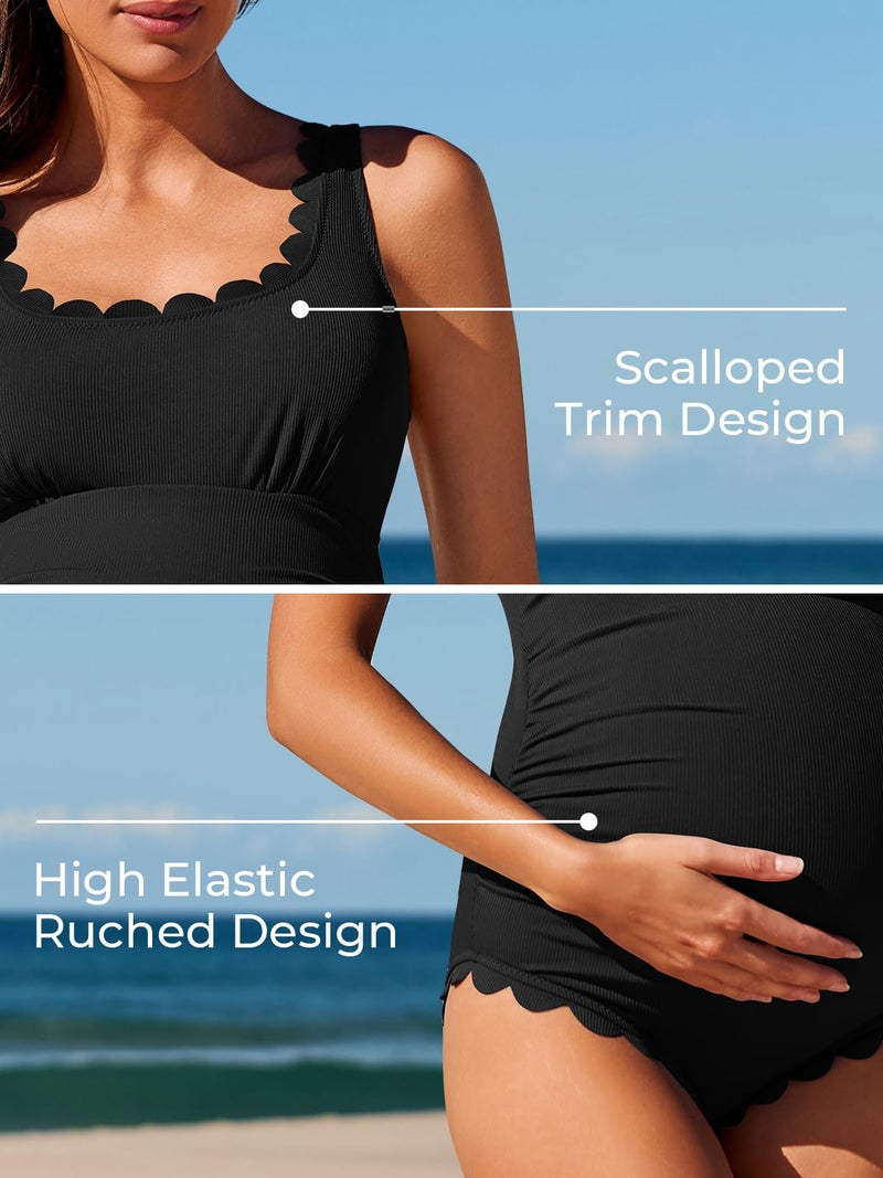 Summer Mae Ribbed Maternity One Piece Swimsuit Scalloped Cut Out Pregnancy Bathing Suit Square Neck Swimwear Black Medium - Image 3