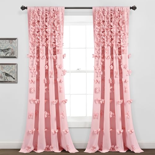 Lush Decor Riley Light Filtering Window Curtain Panel, Single 54" W x 84" L, Pink - Cute Pink Curtains for Bedroom - Bow Decor - Coquette Curtains for Windows - Image 1