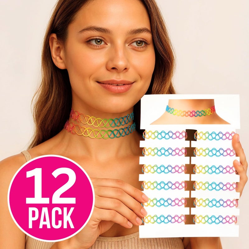 BodyJ4You قلادة تشوكر تاتو BodyJ4You 12PC - إكسسوارات التسعينات مجوهرات 2000s موضة Y2K عتيق عصري - قوس قزح متعدد الألوان الزاهي - قلادة مرنة قابلة للتعديل لمجموعة هدايا عطلة الصيف - Image 2