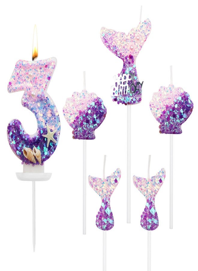 QEEYON 6Pcs Birthday Candles, Number 3 Candle Mermaid Theme Birthday Cake Candles, Happy Birthday Candles for Mermaid Party Birthday Cake Topper Favors Decorations - Image 1