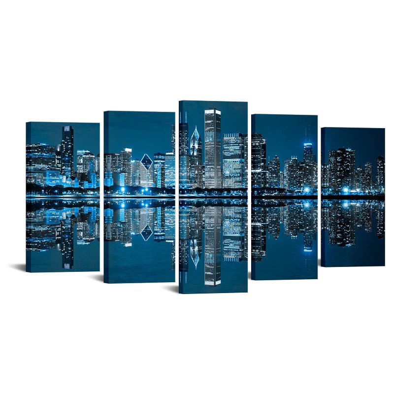 LevvArts Chicago Canvas Wall Art Chicago Skyline Picture Painting Blue City Night Decoration for Office Living Room Large