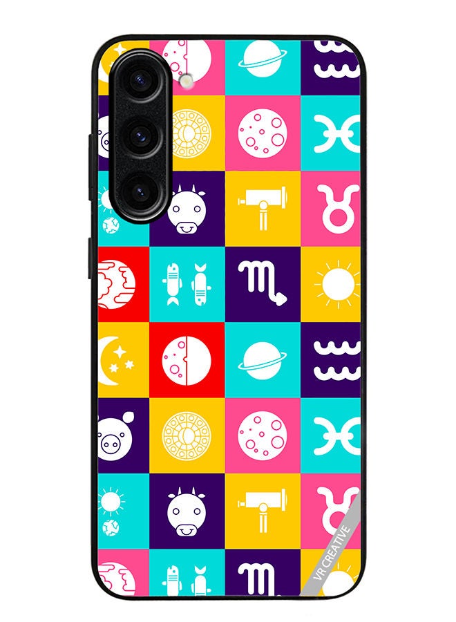 VR CREATIVE Protective Case Cover For Samsung Galaxy S23 Taurus Zodiac, Pisces Astrology Horoscope Circle, Moon And Stars And Icon Design Multicolour - Image 1